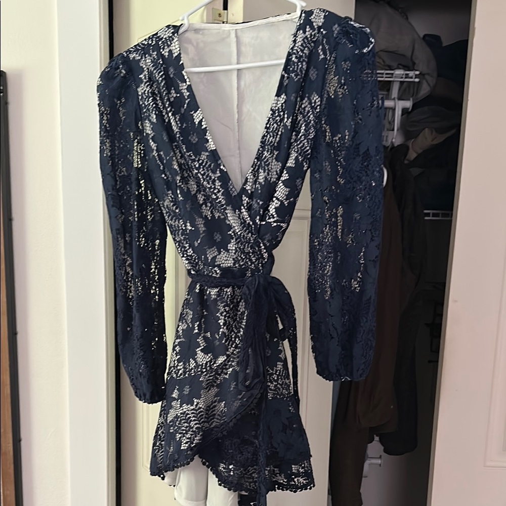 Navy Blue Lace Wrap Dress